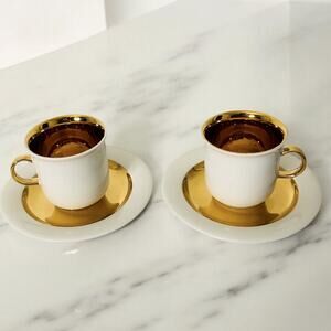 Vintage Arabia Finland Espresso Demitasse Cup Saucer White Gold Gilt Trim Set 2